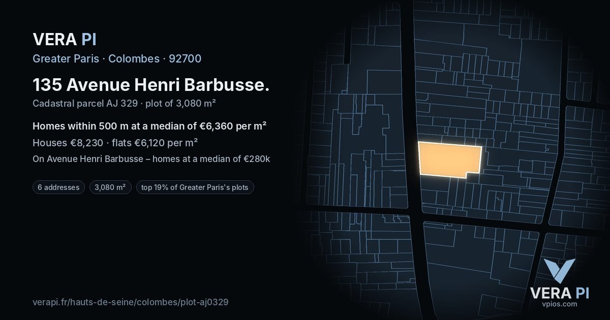 135 Avenue Henri Barbusse, Colombes at night – the plot lit, the parcels around coloured by the prices near them