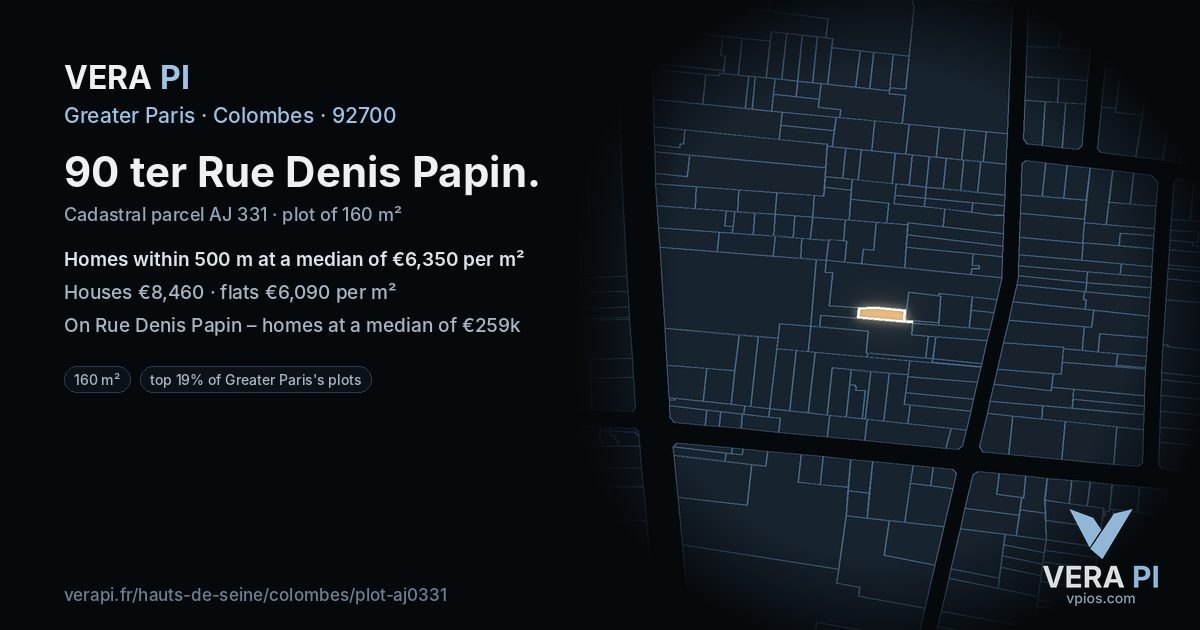 90 ter Rue Denis Papin, Colombes at night – the plot lit, the parcels around coloured by the prices near them