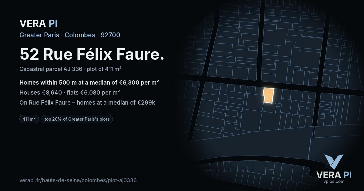 52 Rue Félix Faure, Colombes at night – the plot lit, the parcels around coloured by the prices near them