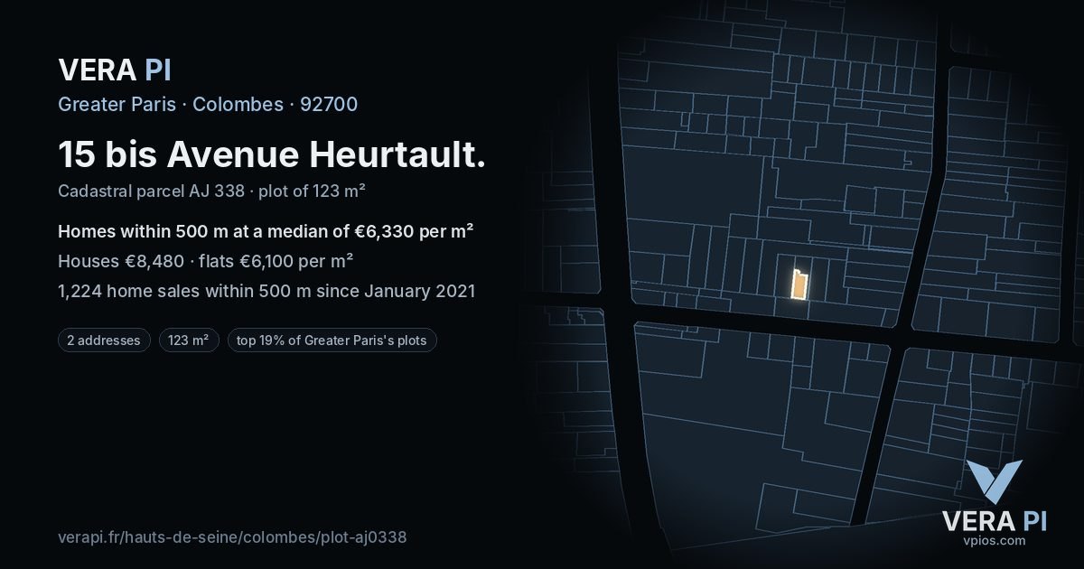 15 bis Avenue Heurtault, Colombes at night – the plot lit, the parcels around coloured by the prices near them