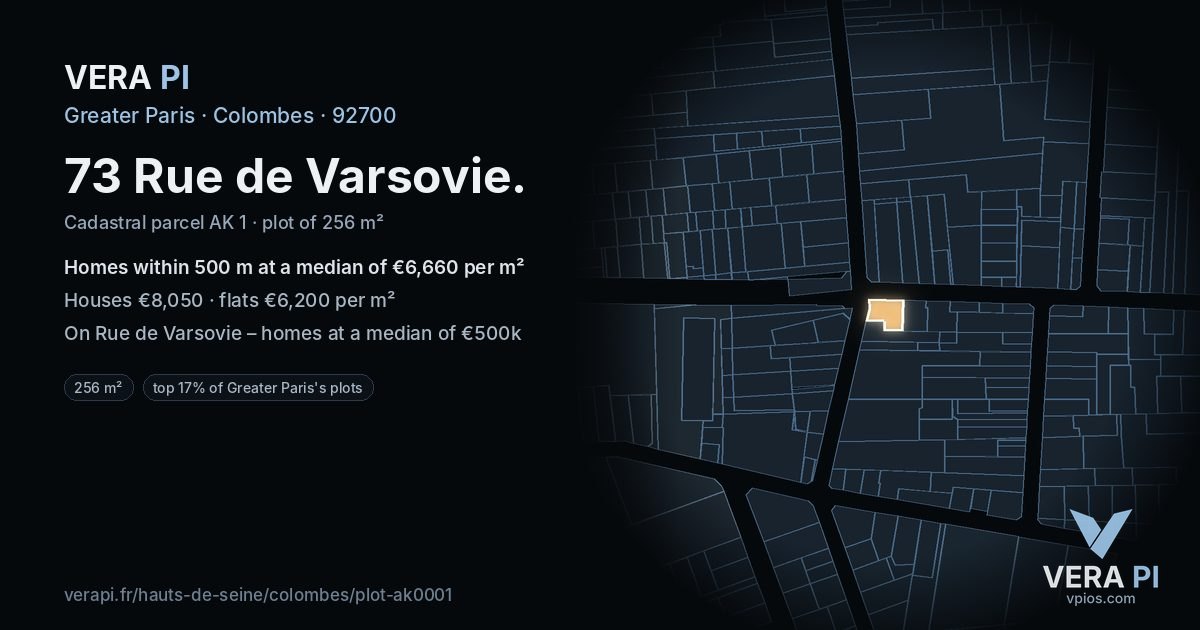 73 Rue de Varsovie, Colombes at night – the plot lit, the parcels around coloured by the prices near them