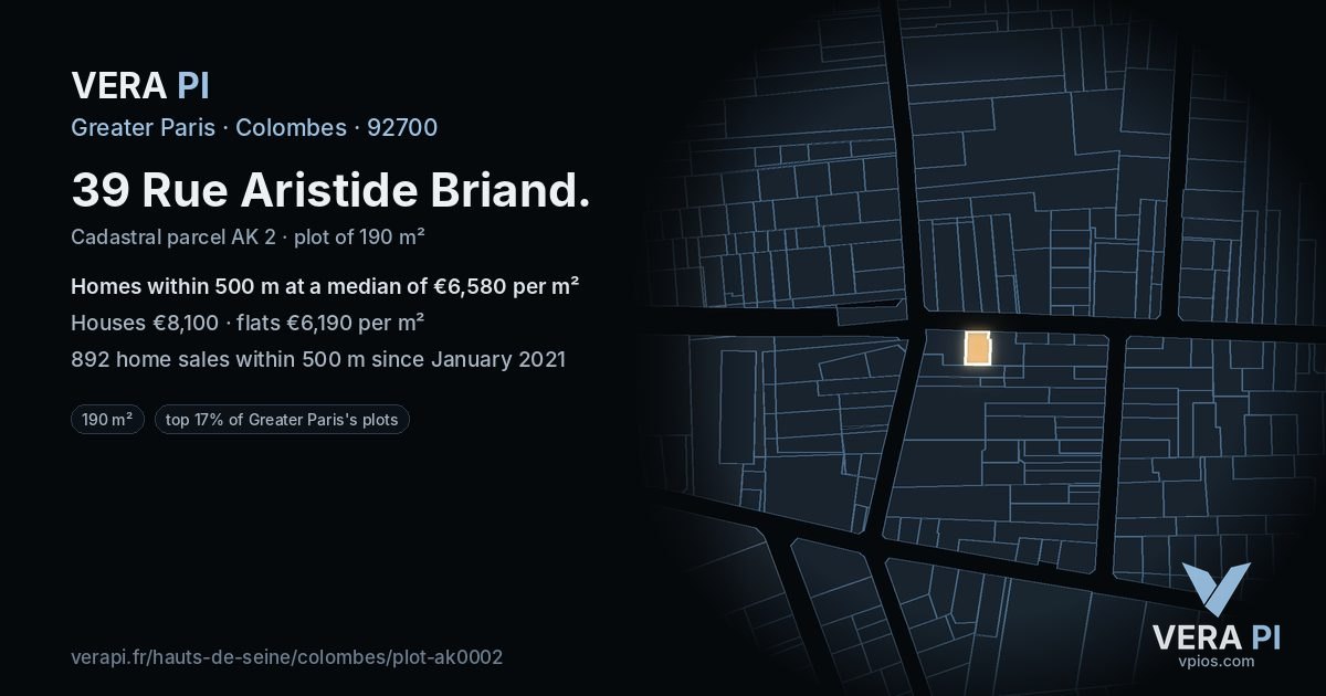 39 Rue Aristide Briand, Colombes at night – the plot lit, the parcels around coloured by the prices near them