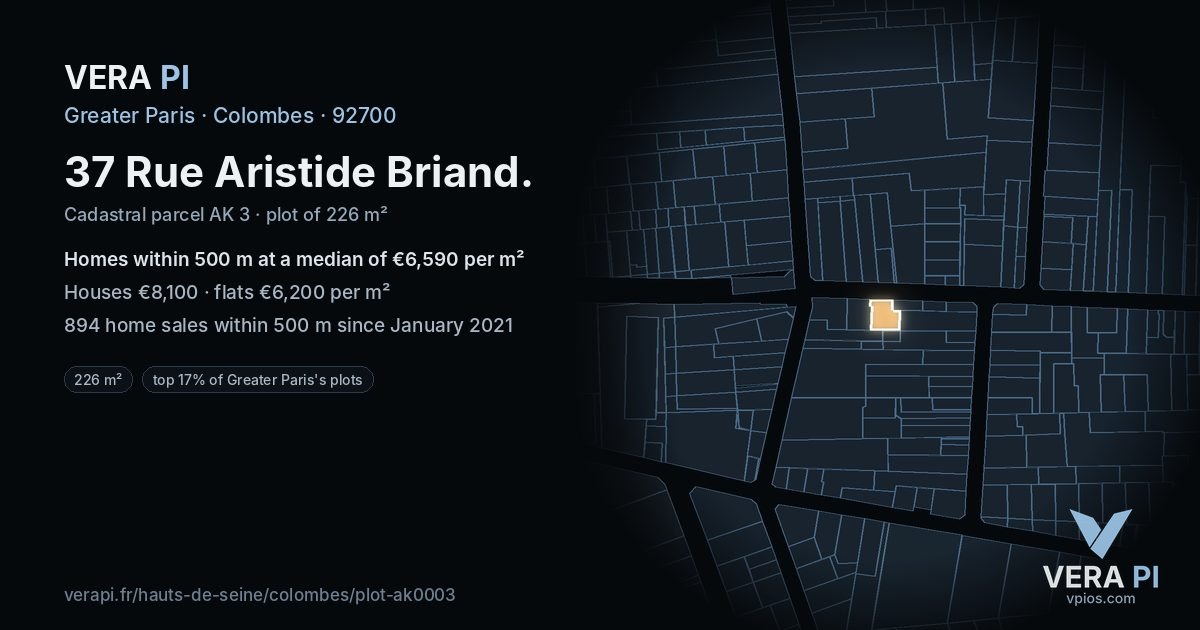 37 Rue Aristide Briand, Colombes at night – the plot lit, the parcels around coloured by the prices near them