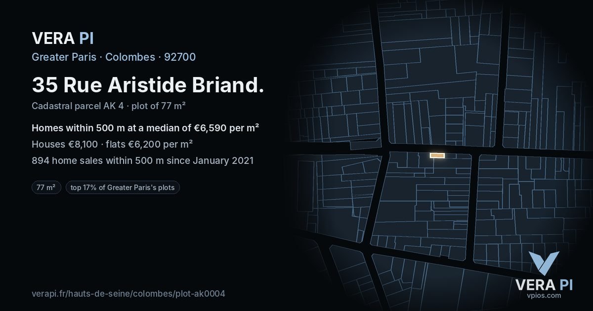 35 Rue Aristide Briand, Colombes at night – the plot lit, the parcels around coloured by the prices near them