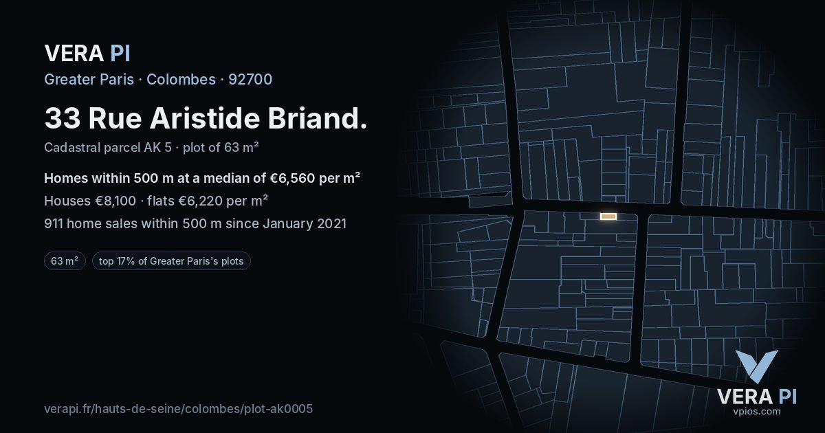 33 Rue Aristide Briand, Colombes at night – the plot lit, the parcels around coloured by the prices near them