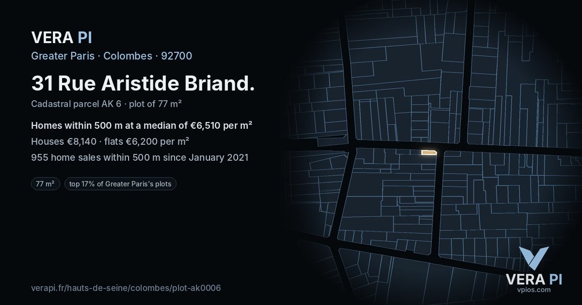 31 Rue Aristide Briand, Colombes at night – the plot lit, the parcels around coloured by the prices near them