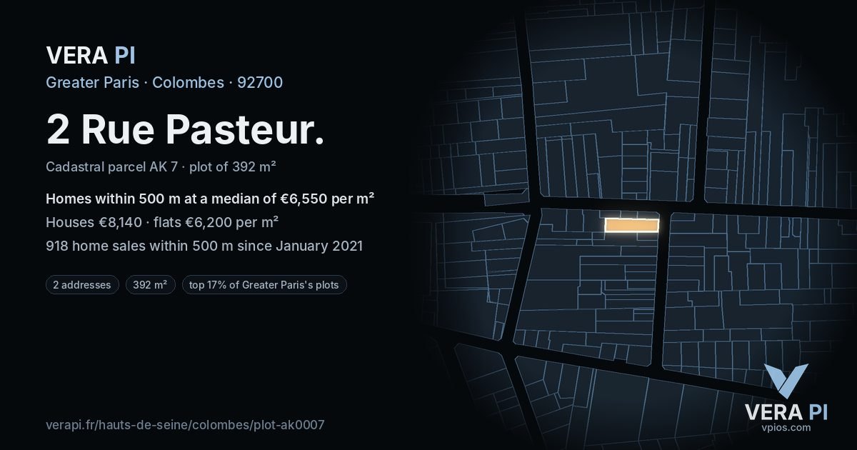 2 Rue Pasteur, Colombes at night – the plot lit, the parcels around coloured by the prices near them