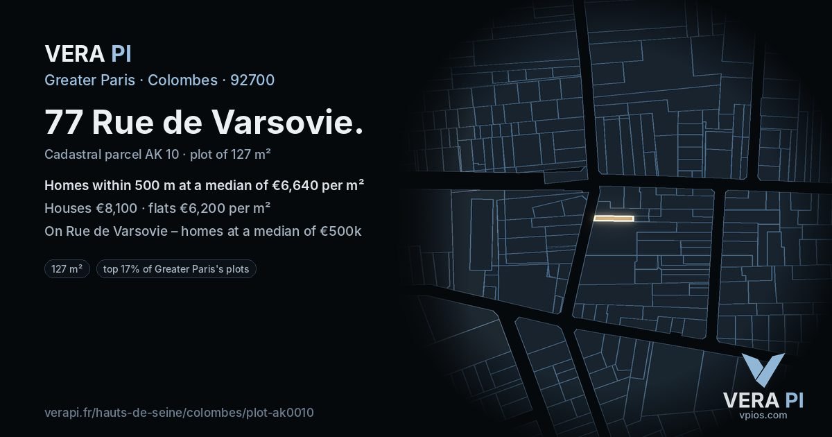 77 Rue de Varsovie, Colombes at night – the plot lit, the parcels around coloured by the prices near them