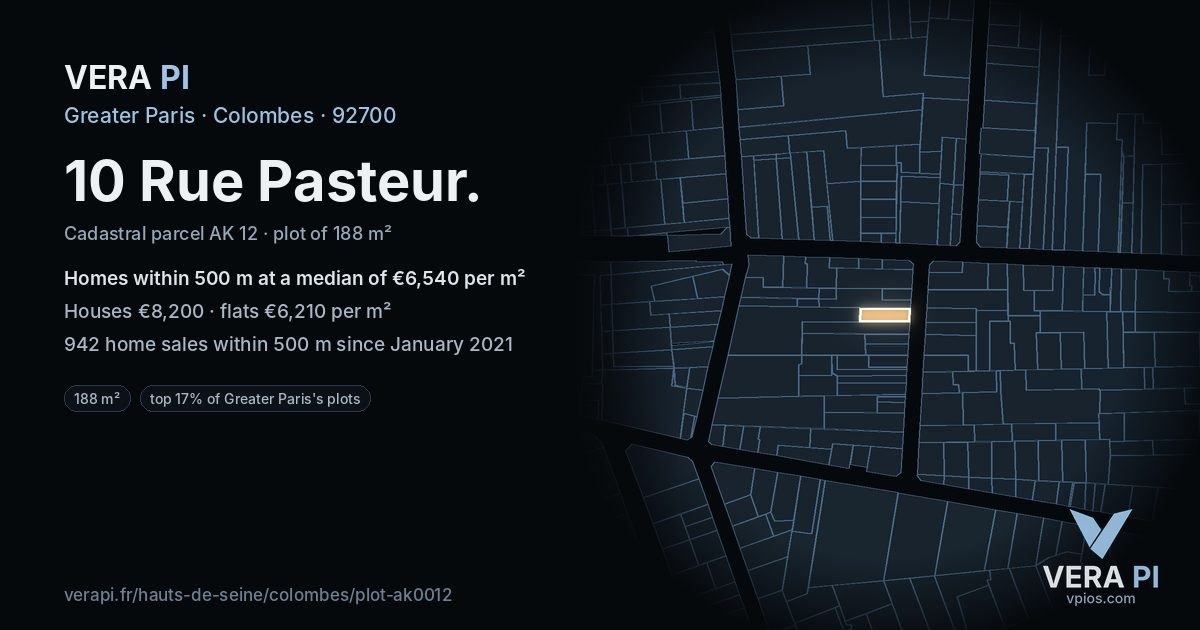 10 Rue Pasteur, Colombes at night – the plot lit, the parcels around coloured by the prices near them