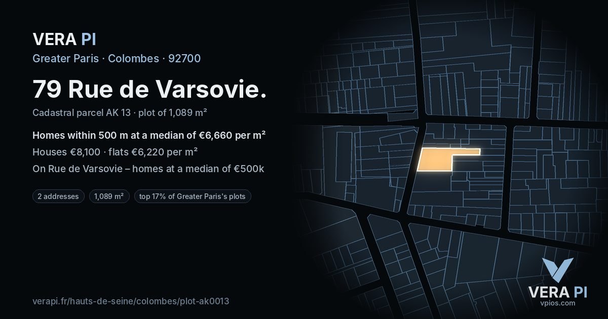 79 Rue de Varsovie, Colombes at night – the plot lit, the parcels around coloured by the prices near them