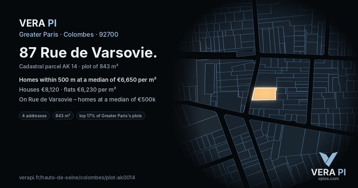 87 Rue de Varsovie, Colombes at night – the plot lit, the parcels around coloured by the prices near them