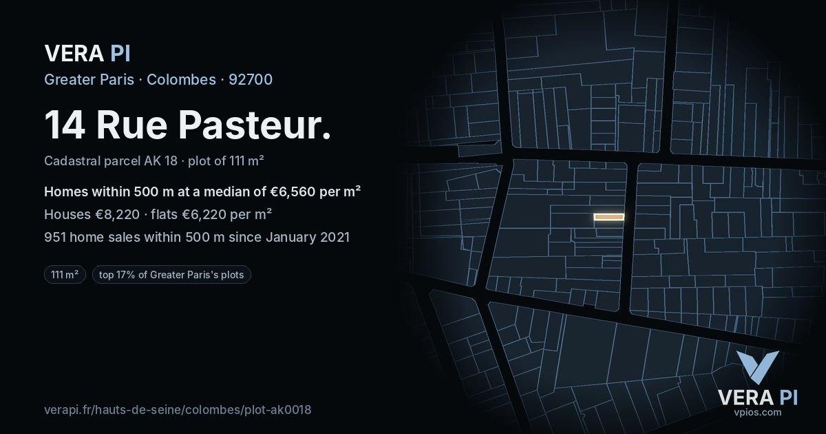 14 Rue Pasteur, Colombes at night – the plot lit, the parcels around coloured by the prices near them