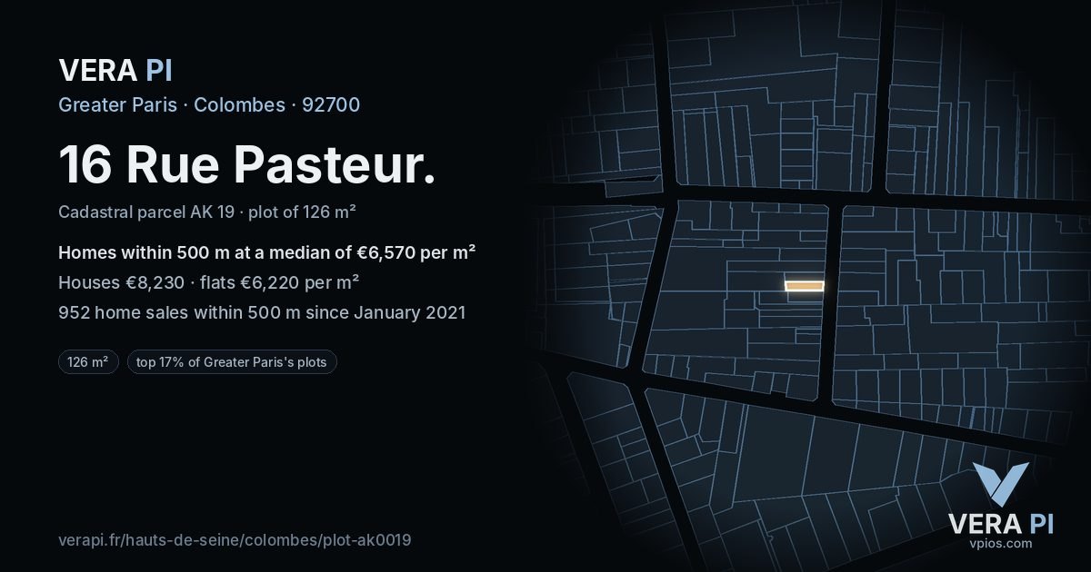 16 Rue Pasteur, Colombes at night – the plot lit, the parcels around coloured by the prices near them
