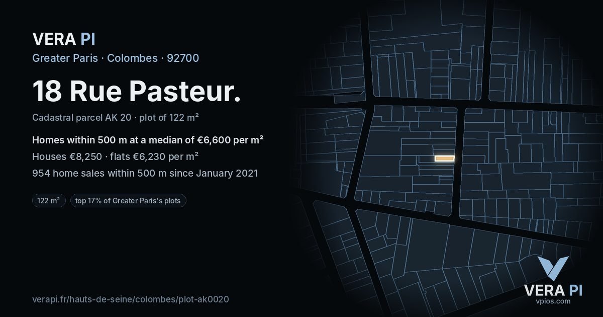 18 Rue Pasteur, Colombes at night – the plot lit, the parcels around coloured by the prices near them