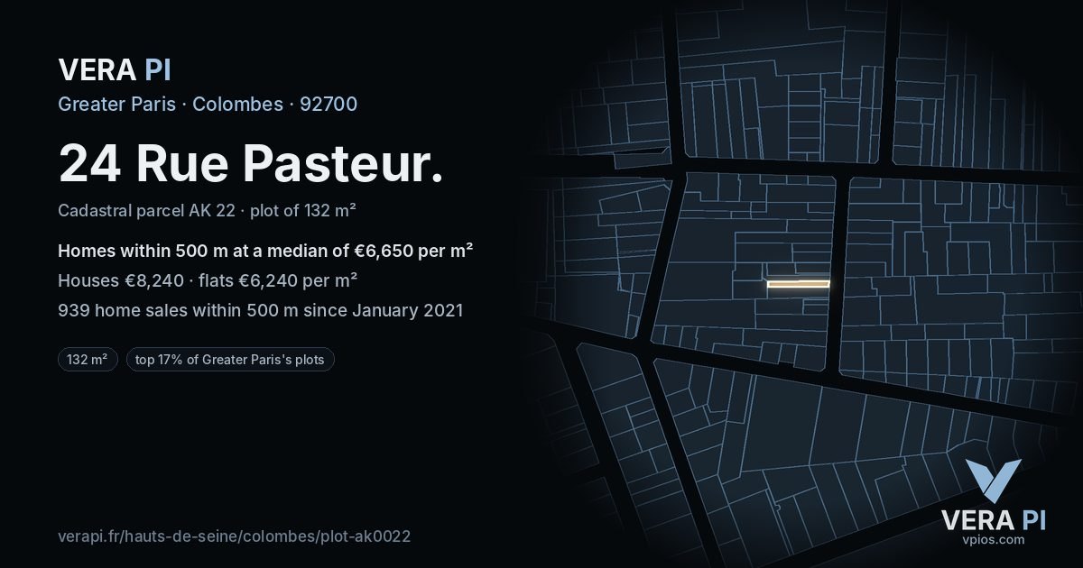 24 Rue Pasteur, Colombes at night – the plot lit, the parcels around coloured by the prices near them