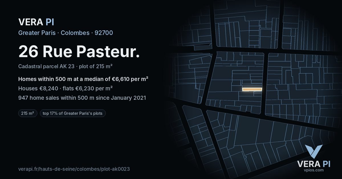 26 Rue Pasteur, Colombes at night – the plot lit, the parcels around coloured by the prices near them