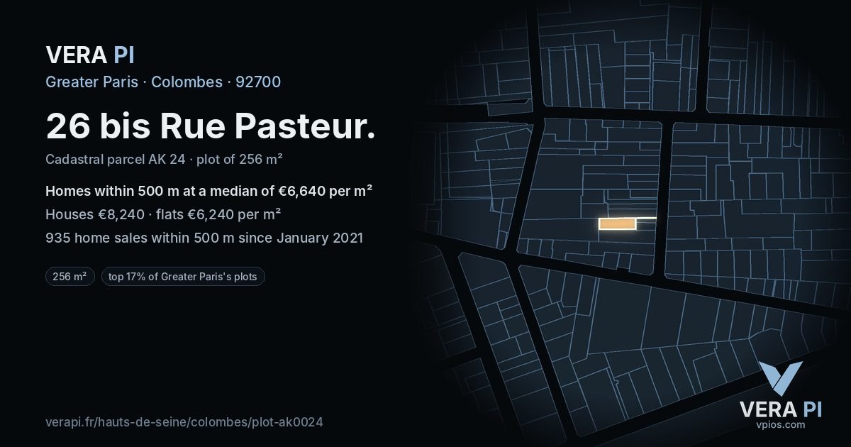 26 bis Rue Pasteur, Colombes at night – the plot lit, the parcels around coloured by the prices near them