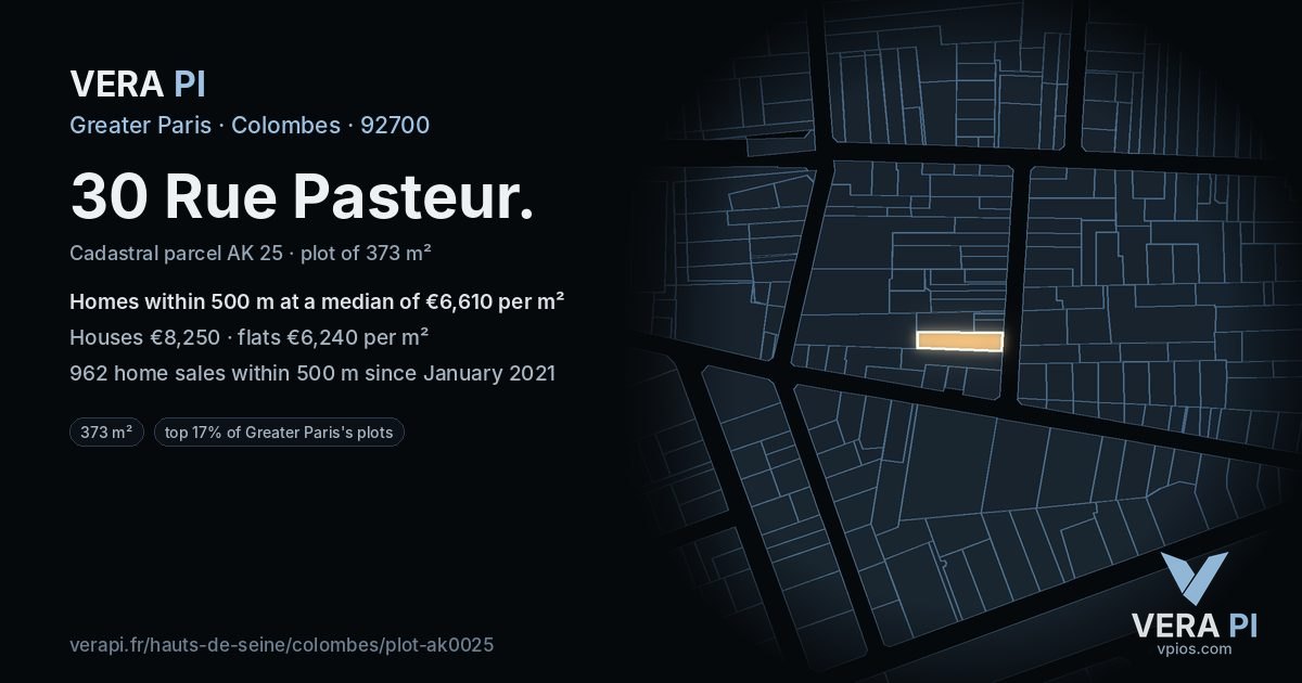 30 Rue Pasteur, Colombes at night – the plot lit, the parcels around coloured by the prices near them