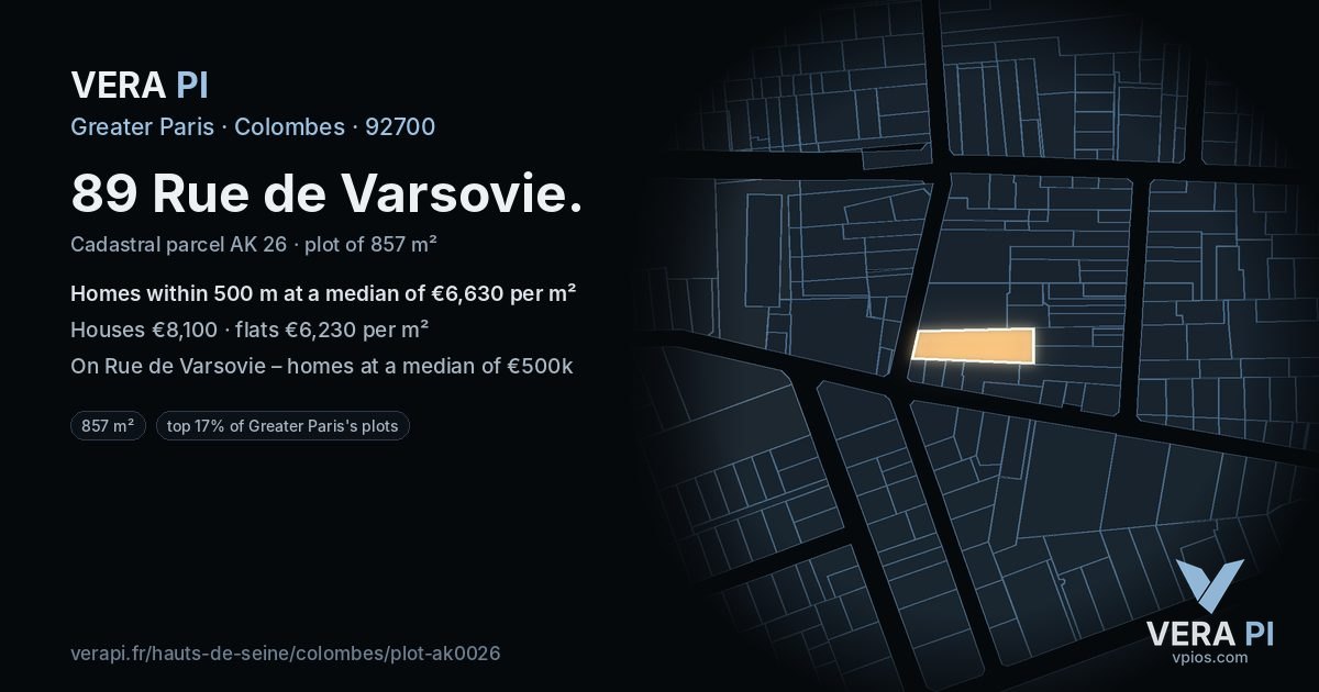 89 Rue de Varsovie, Colombes at night – the plot lit, the parcels around coloured by the prices near them