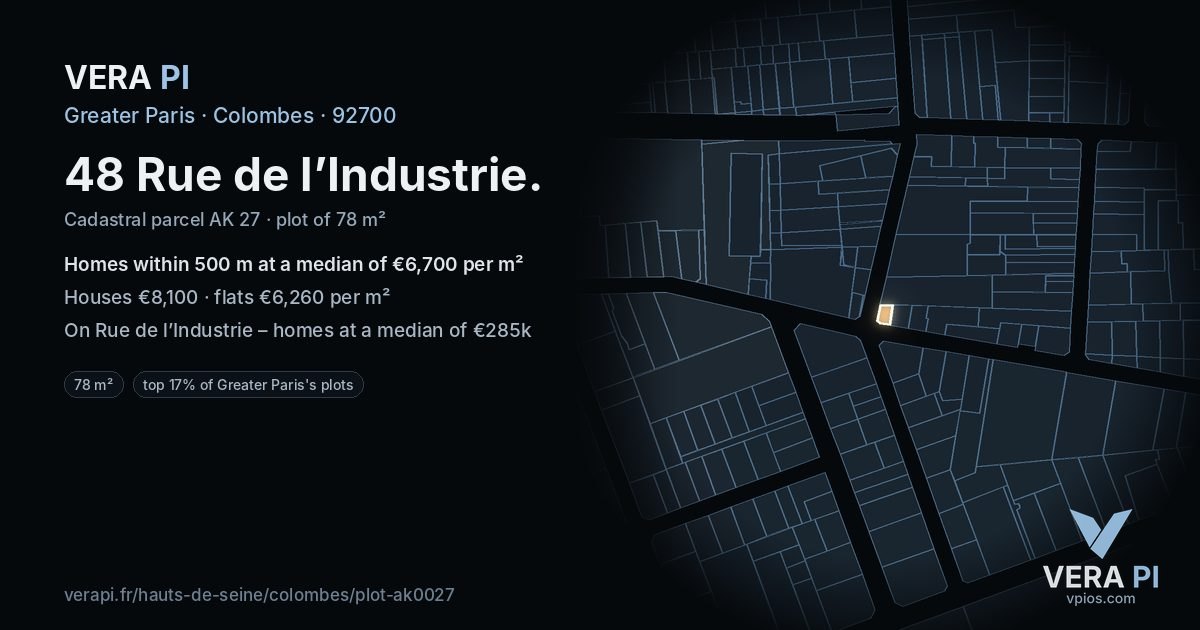 48 Rue de l’Industrie, Colombes at night – the plot lit, the parcels around coloured by the prices near them