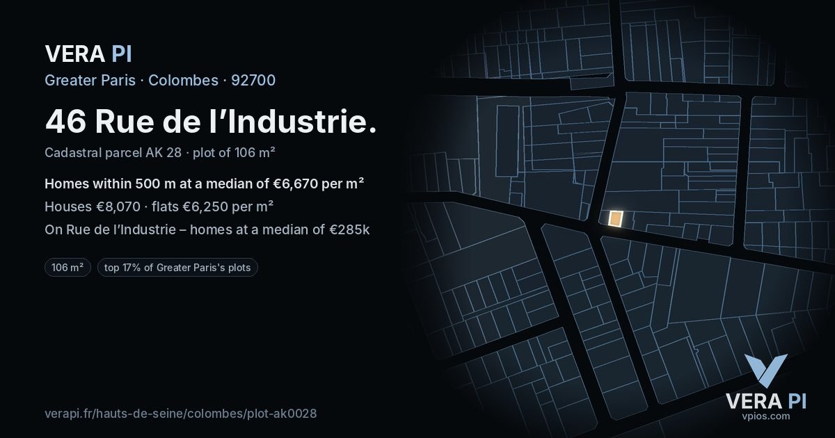 46 Rue de l’Industrie, Colombes at night – the plot lit, the parcels around coloured by the prices near them