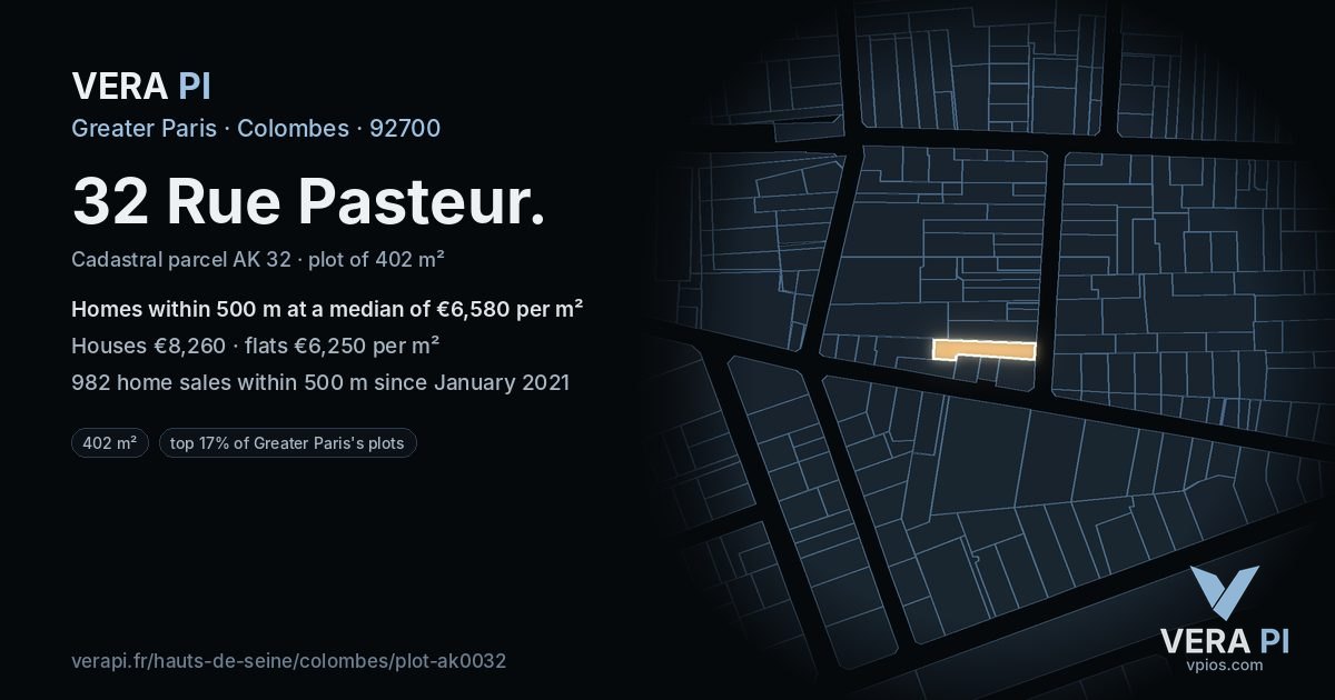 32 Rue Pasteur, Colombes at night – the plot lit, the parcels around coloured by the prices near them