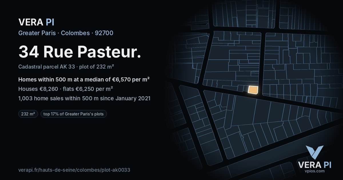 34 Rue Pasteur, Colombes at night – the plot lit, the parcels around coloured by the prices near them