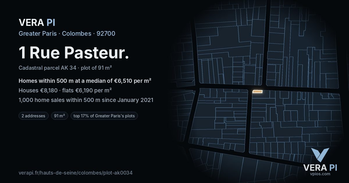 1 Rue Pasteur, Colombes at night – the plot lit, the parcels around coloured by the prices near them