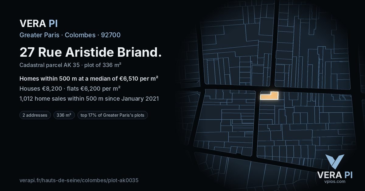27 Rue Aristide Briand, Colombes at night – the plot lit, the parcels around coloured by the prices near them