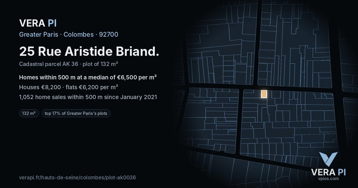 25 Rue Aristide Briand, Colombes at night – the plot lit, the parcels around coloured by the prices near them