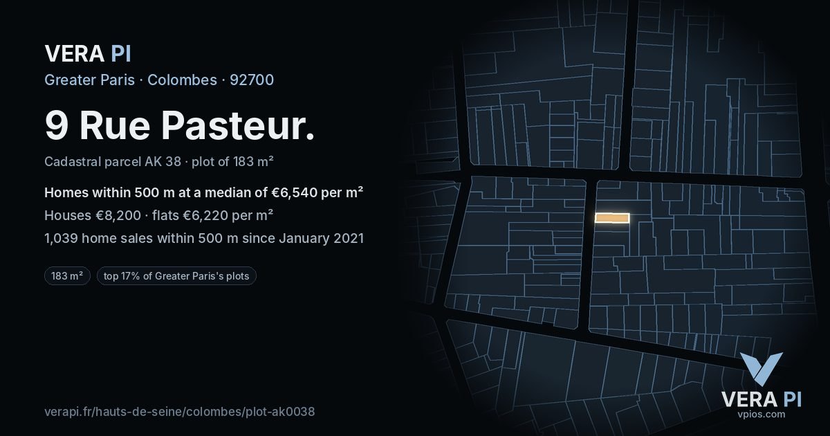 9 Rue Pasteur, Colombes at night – the plot lit, the parcels around coloured by the prices near them
