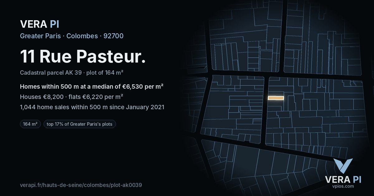 11 Rue Pasteur, Colombes at night – the plot lit, the parcels around coloured by the prices near them