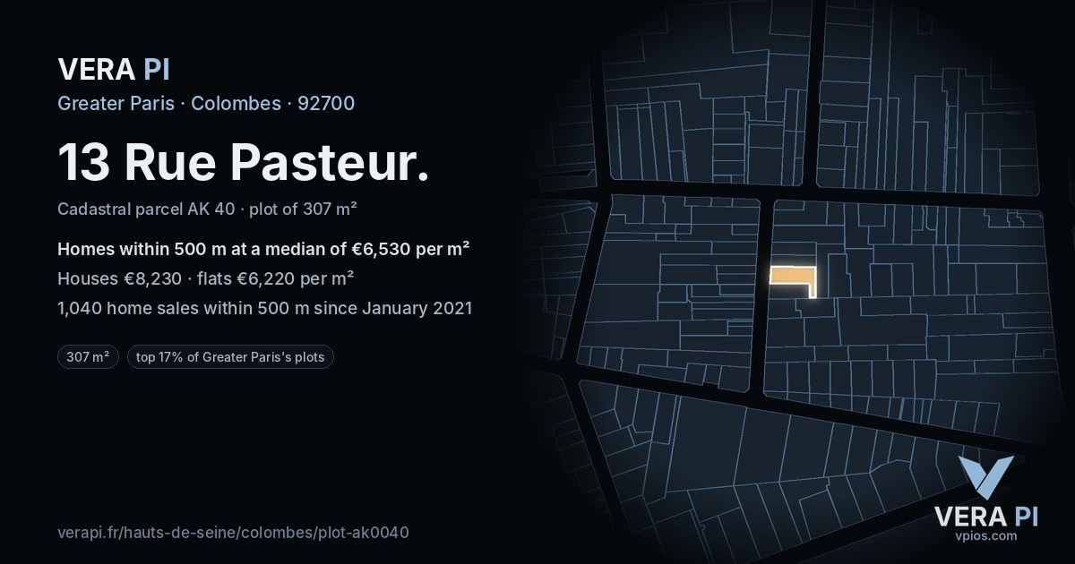13 Rue Pasteur, Colombes at night – the plot lit, the parcels around coloured by the prices near them