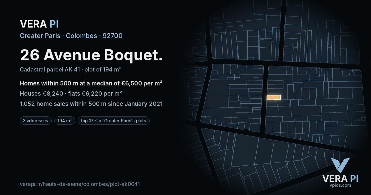 26 Avenue Boquet, Colombes at night – the plot lit, the parcels around coloured by the prices near them