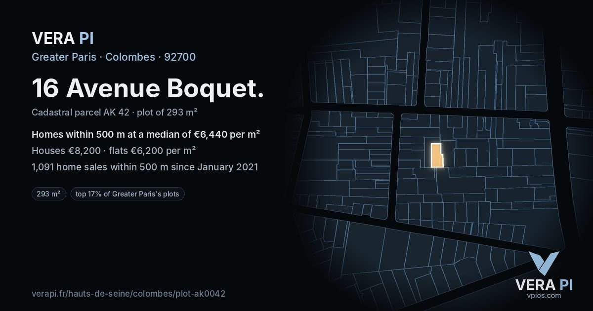 16 Avenue Boquet, Colombes at night – the plot lit, the parcels around coloured by the prices near them