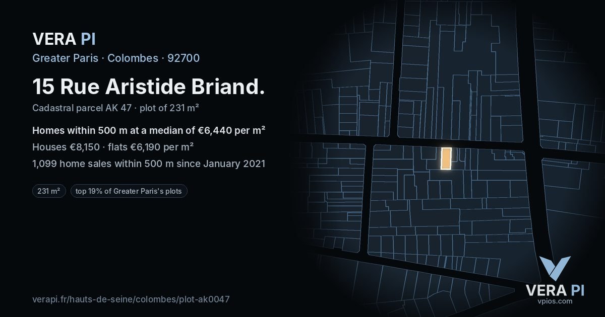 15 Rue Aristide Briand, Colombes at night – the plot lit, the parcels around coloured by the prices near them
