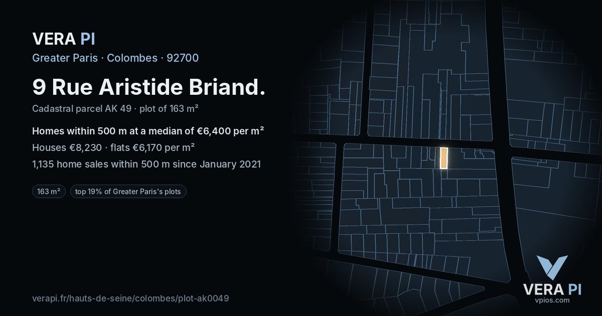 9 Rue Aristide Briand, Colombes at night – the plot lit, the parcels around coloured by the prices near them