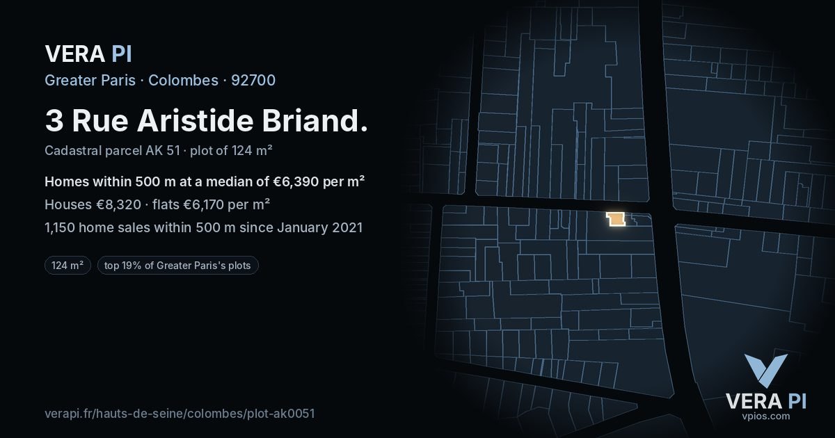 3 Rue Aristide Briand, Colombes at night – the plot lit, the parcels around coloured by the prices near them