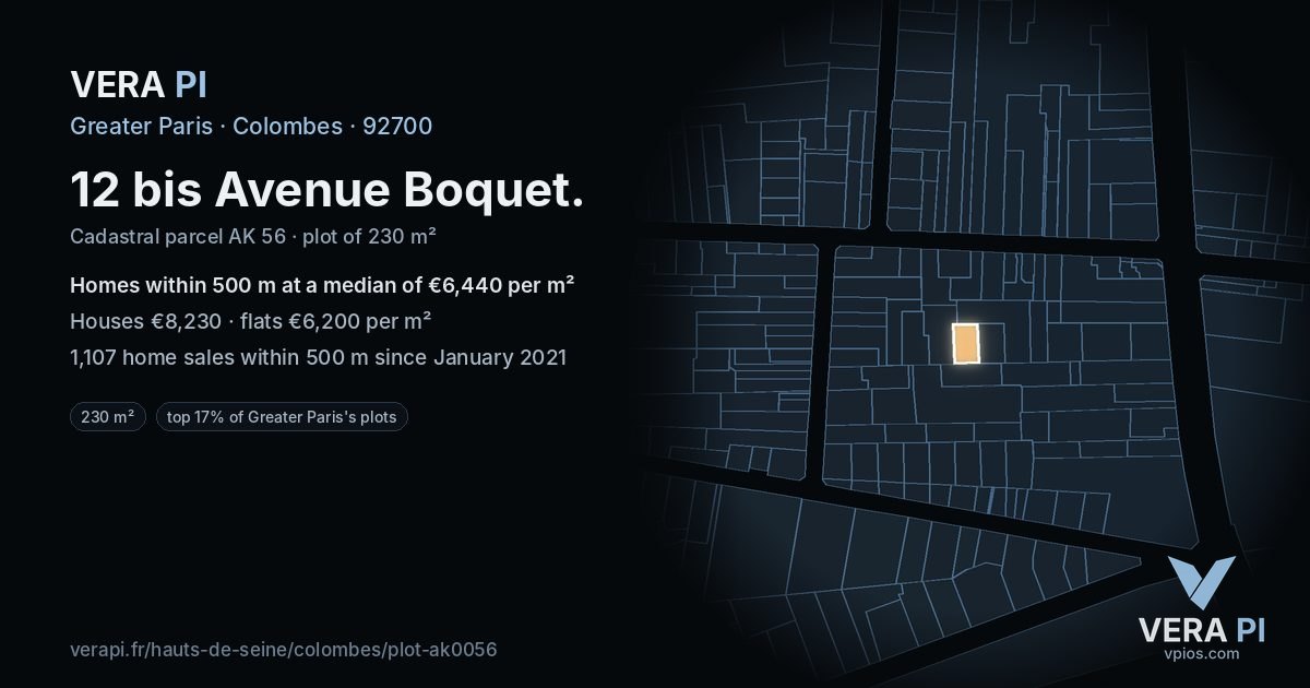 12 bis Avenue Boquet, Colombes at night – the plot lit, the parcels around coloured by the prices near them