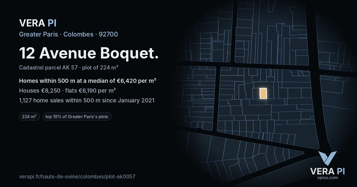 12 Avenue Boquet, Colombes at night – the plot lit, the parcels around coloured by the prices near them