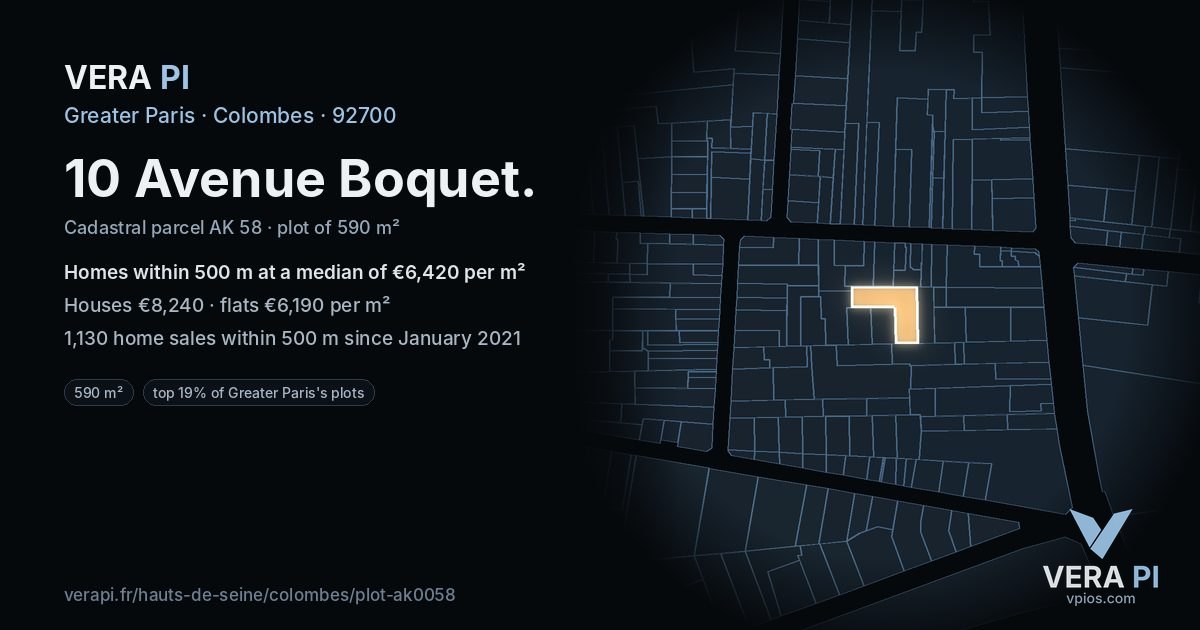 10 Avenue Boquet, Colombes at night – the plot lit, the parcels around coloured by the prices near them