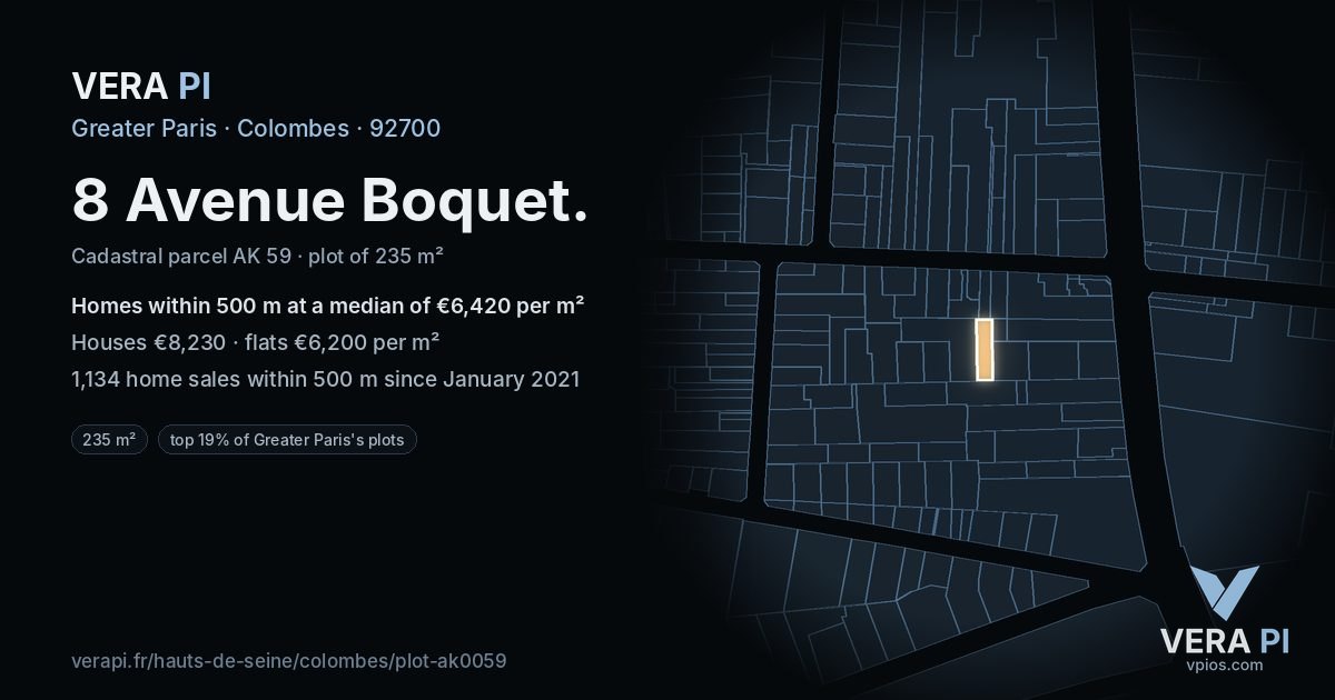 8 Avenue Boquet, Colombes at night – the plot lit, the parcels around coloured by the prices near them