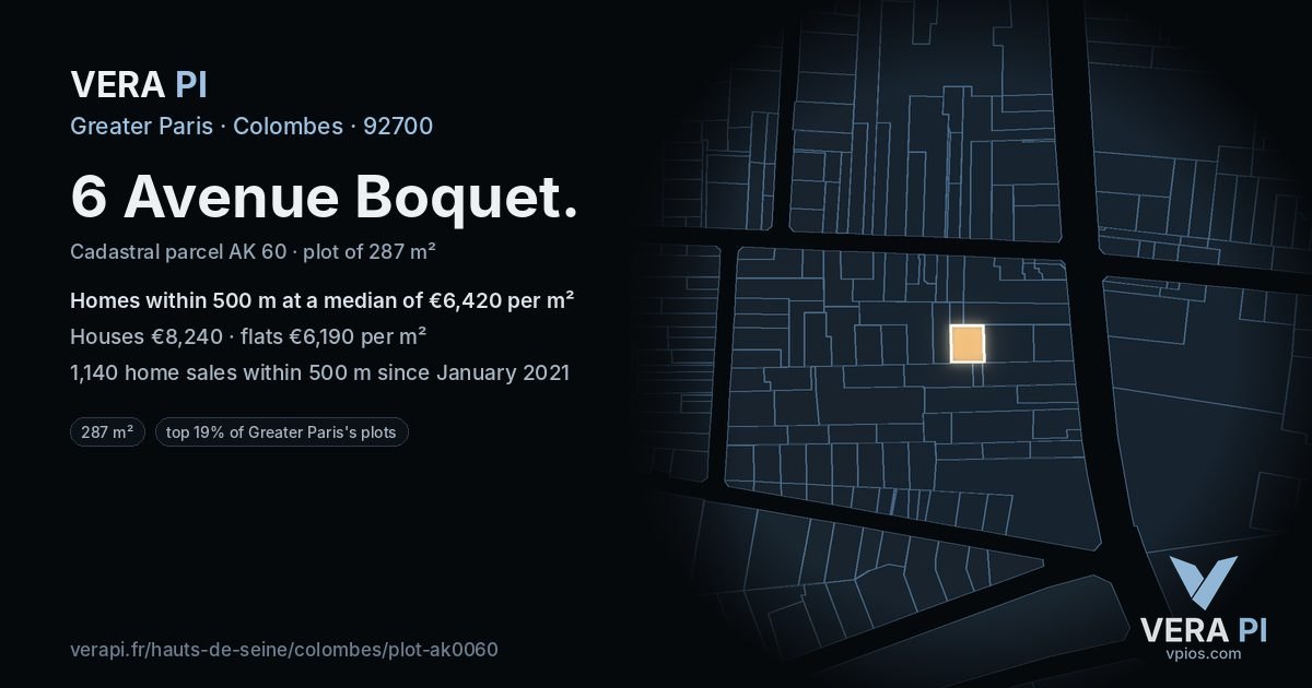 6 Avenue Boquet, Colombes at night – the plot lit, the parcels around coloured by the prices near them