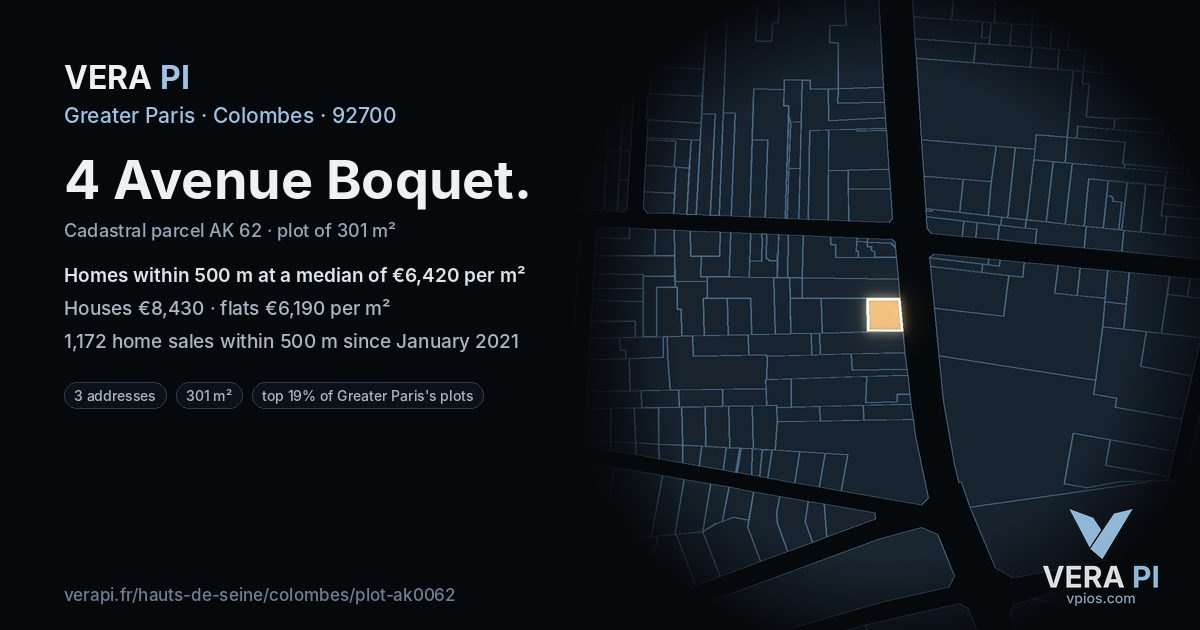 4 Avenue Boquet, Colombes at night – the plot lit, the parcels around coloured by the prices near them