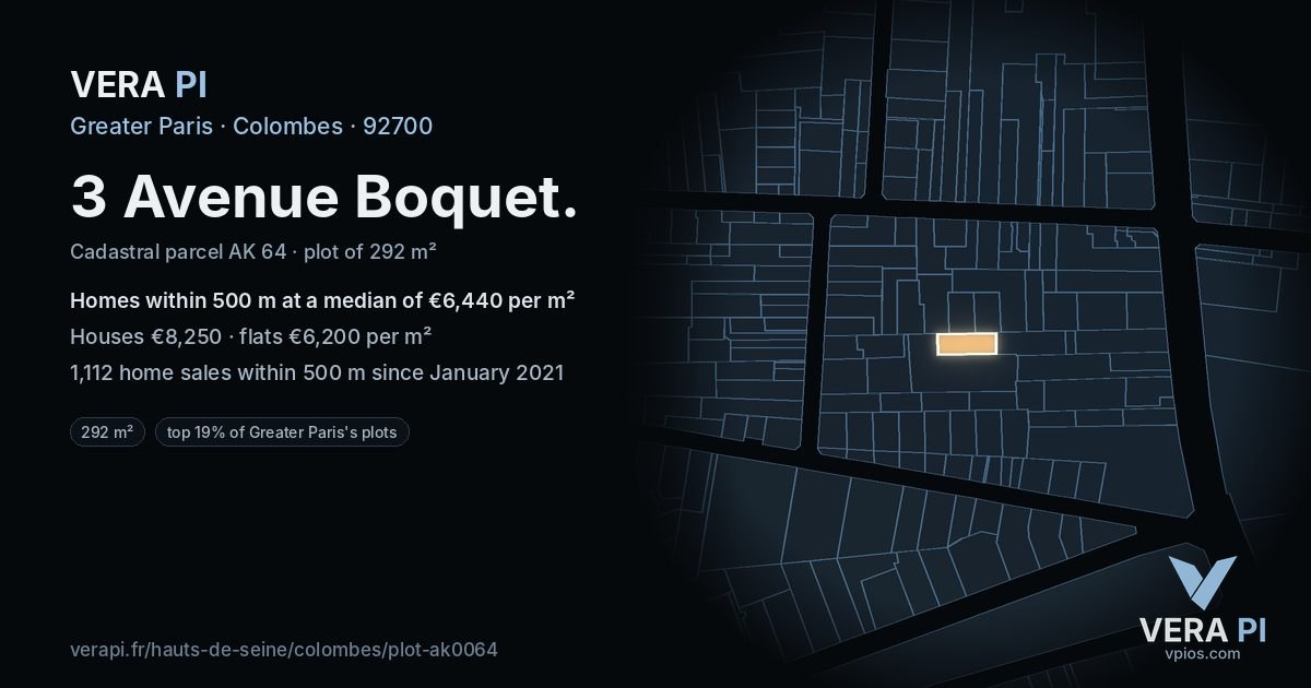 3 Avenue Boquet, Colombes at night – the plot lit, the parcels around coloured by the prices near them