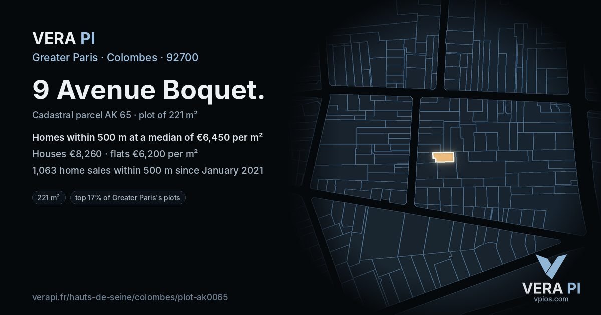9 Avenue Boquet, Colombes at night – the plot lit, the parcels around coloured by the prices near them