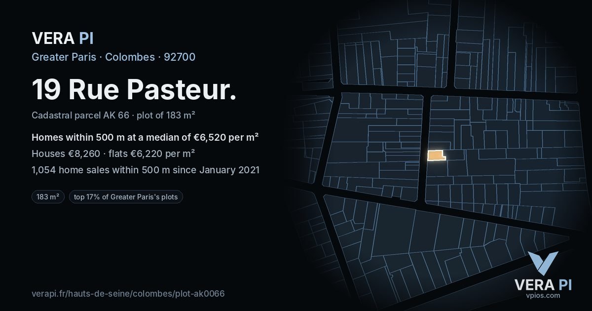 19 Rue Pasteur, Colombes at night – the plot lit, the parcels around coloured by the prices near them