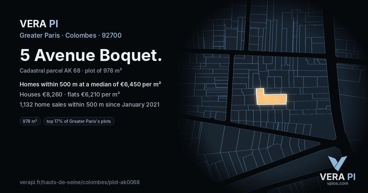 5 Avenue Boquet, Colombes at night – the plot lit, the parcels around coloured by the prices near them