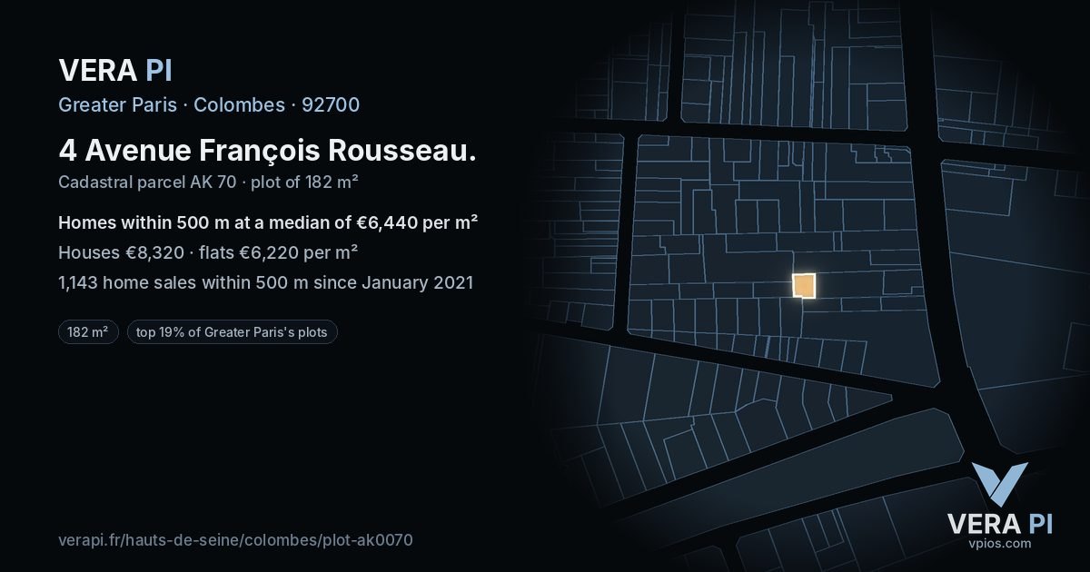 4 Avenue François Rousseau, Colombes at night – the plot lit, the parcels around coloured by the prices near them