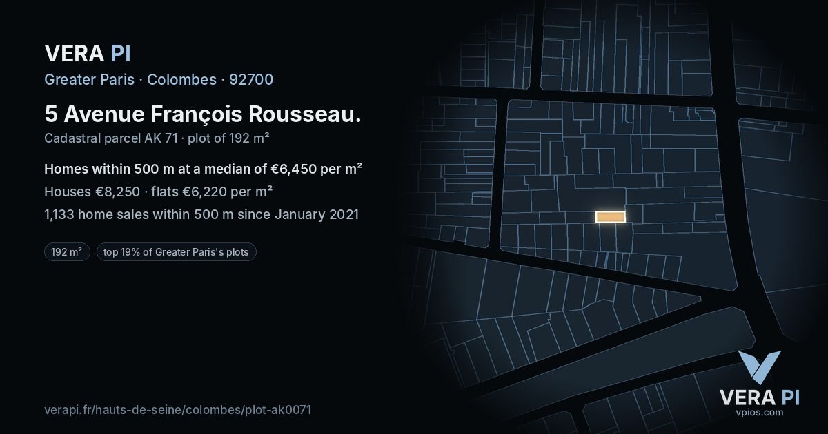 5 Avenue François Rousseau, Colombes at night – the plot lit, the parcels around coloured by the prices near them